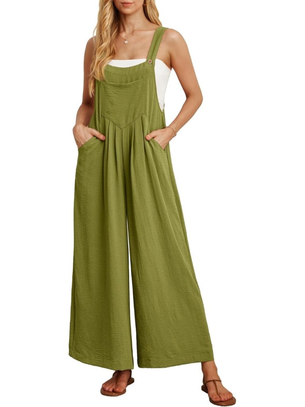 Women's Army Green Summer Boho Wide Leg Overalls Loose Rompers with Pockets